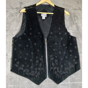 HGNY Vest Womens Large Black Suede Embroidered Floral Cinched Waistcoat Festival